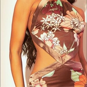 Prettylittlething Dress Brown Satin Retro Floral Print Bodycon Backless Halter